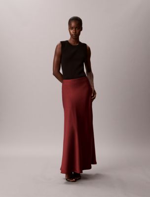 Double-Faced Satin Pull-On Maxi Skirt, Mahogany Red