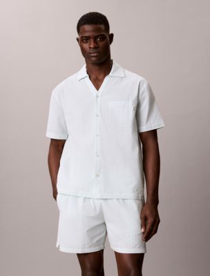 Seersucker Relaxed Sleep Button-Down Shirt, Dime Stripe Seafoam Wave