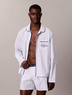 Cotton Poplin Script Button-Down Sleep Shirt, Crest Stripe/Ice Castle