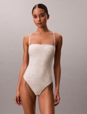 Solid Strapless One Piece Swimsuit, Stippled Skin / Tofu