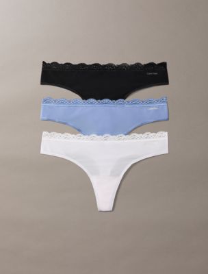 Microfiber Stretch with Lace 3-Pack Thong, Black/Blue Tulip/Frosty Lilac