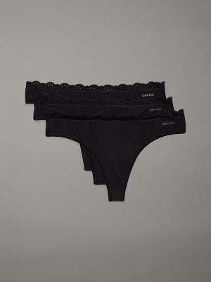 Microfiber Stretch with Lace 3-Pack Thong, Black