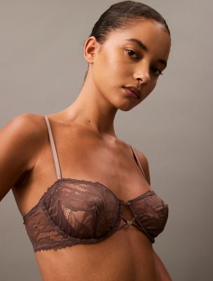 CK Black Floral Lace Unlined Balconette Bra, Plum Truffle