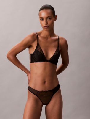 CK Black Floral Lace Lightly Lined Plunge Bra, Black