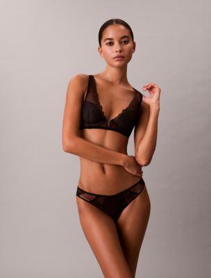 CK Black Geo Lace Lightly Lined Plunge Bra, Black