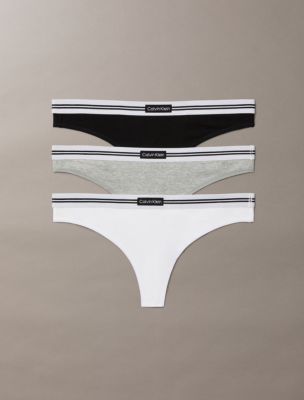 Cotton Stretch Jacquard Logo Patch 3-Pack Thong, Black / White / Grey Heather