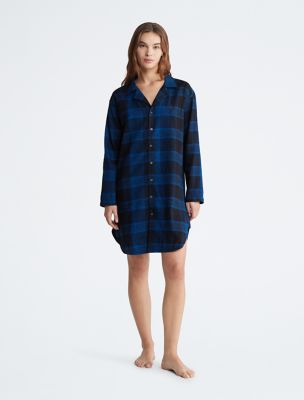 Pure Flannel Relaxed Button-Down Shirt Dress, Blue / Black