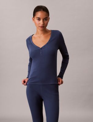 Cotton Stretch Rib Henley T-Shirt, Dark Denim