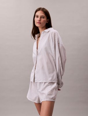 Cotton Poplin Relaxed Sleep Button-Down Shirt, Classic White Trail Stripe
