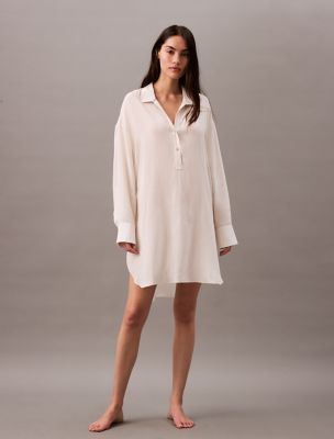 Woven Viscose Relaxed Shirt Dress, Textured Stripe Pelican