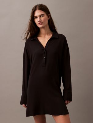 Woven Viscose Relaxed Shirt Dress, Black