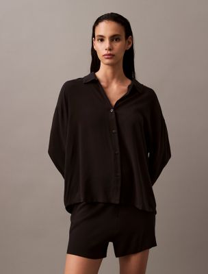 Woven Viscose Button-Down Sleep Shirt, Black