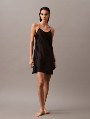 Satin Crossback Slip Dress, Black