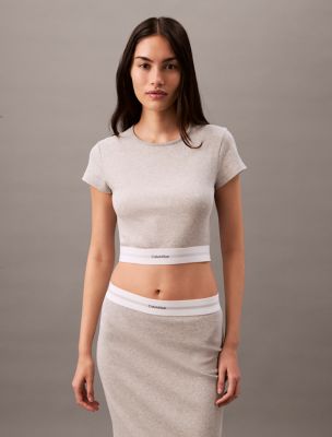 Cotton Stretch Rib Cropped Tee, Grey Heather