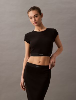 Cotton Stretch Rib Cropped Tee, Black