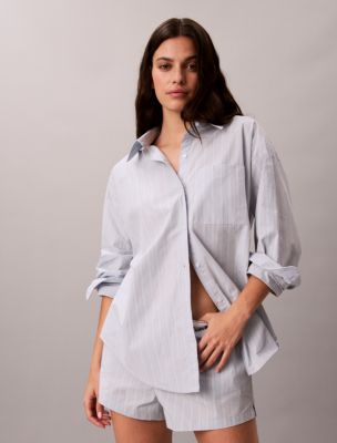 Cotton Poplin Relaxed Button-Down Sleep Shirt, Bespoke Stripe+Plein Air