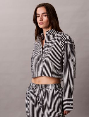 Cotton Poplin Cropped Sleep Shirt, Penny Stripe+Black
