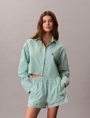 Cotton Poplin Cropped Sleep Shirt, Penny Stripe Mardi Gras Green