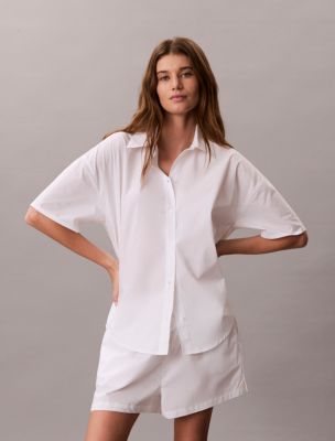Cotton Poplin Relaxed Short Sleeve Shirt, Classic White