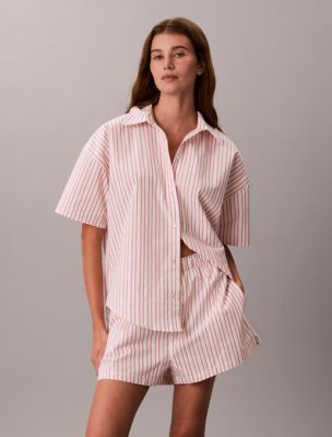 Cotton Poplin Relaxed Short Sleeve Shirt, Aurora Stripe Peach Bliss