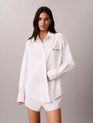 Cotton Poplin Script Sleep Shirt, Classic White