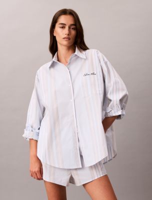 Cotton Poplin Script Sleep Shirt, Crest Stripe + Ice Castle