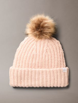 Fleece Ribbed Pom-Pom Beanie, Silver Peony Marl
