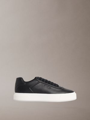 Men's Leather Embossed Logo Sneakers, Black/Bright White