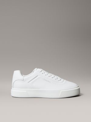 Men's Leather Embossed Logo Sneakers, Triple Bright White